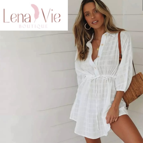 Lena Vie Boutique Dresses & Skirts - Lena Vie | Sheer Cotton White Plaid Sexy Shirt Dress, Cover-up Sundress